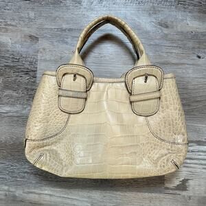 Cole Haan Faux Croc Embossed Cream Leather Satchel Purse Buckle Detail Handbag
